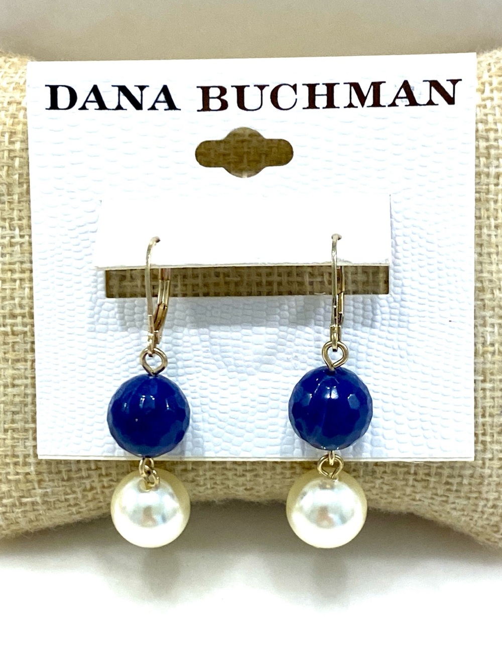 Dana Buchman Gold Tone Leverback Dangle Earrings Blue Faceted Bead NWT